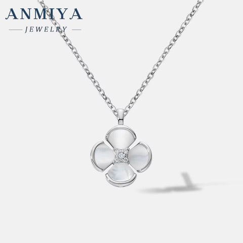 ANMIYA Fashion Charm High Quality 925 Silver Design Four Leaf Clover White Shell Necklace with Certificate