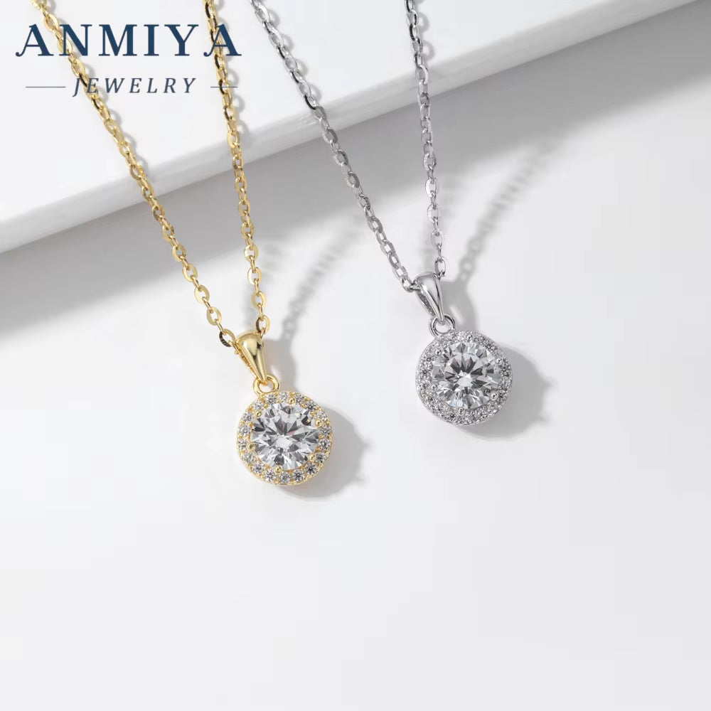 ANMIYA Gemstone Pendant 925 Sterling Silver round Tiny CZ Paved Pendant Women'S Necklace Jewelry