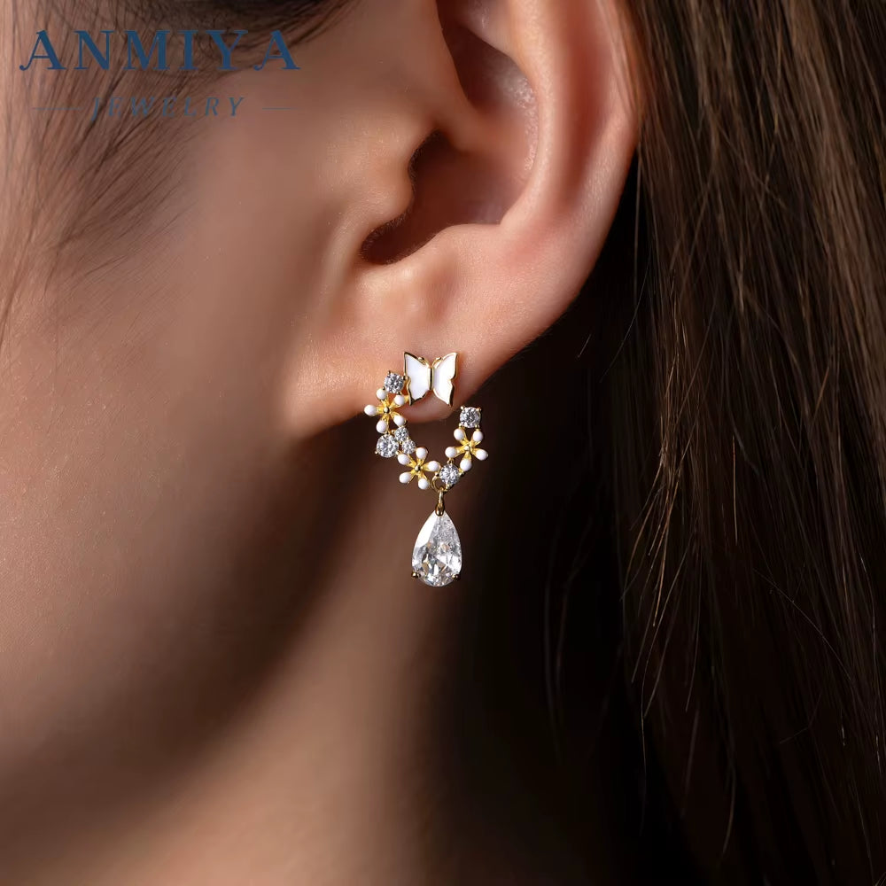 Valentine'S Day Water Drop Butterfly Garland Fine Zirconia Zircon Stone 925 Friendship Necklace Set Earrings for Women