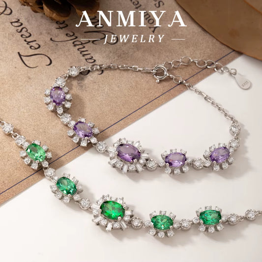 ANMIYA Women Gift 925 Sterling Silver Classic Purple Green Blue White Zircon Bracelet Bangles