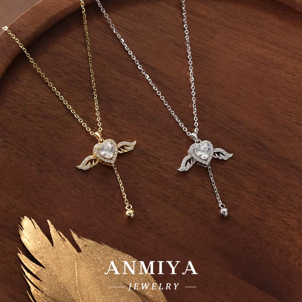 ANMIYA Cupid'S Heart Zircon 925 Sterling Silver with Angel Heart Zircon Plated Unisex Gift Girlfriend Eternal Heart Necklace