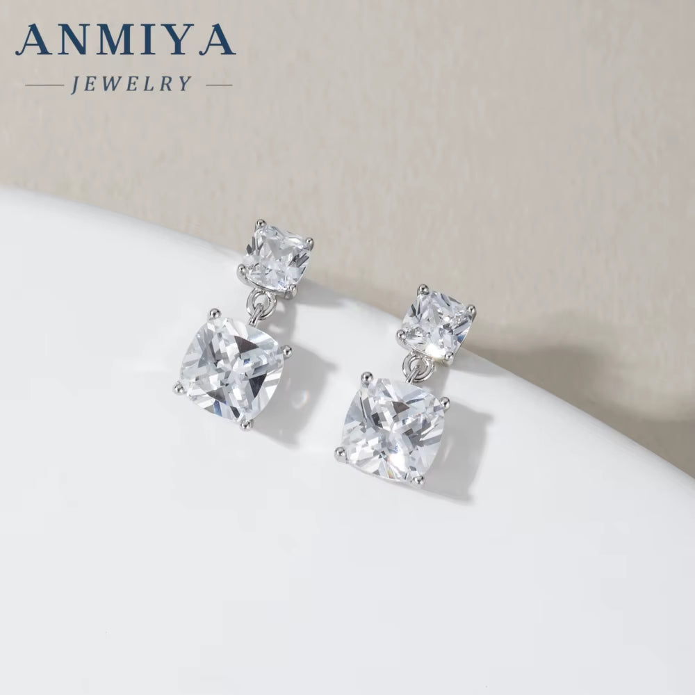 ANMIYA Square Cut 925 Silver Cubic Zirconia Dangle Stud Earings Jewelry Women 925 Silver Gift Earrings for Women