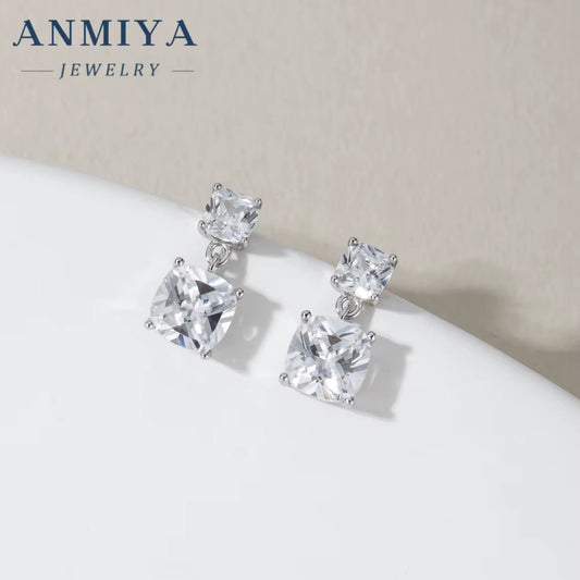 ANMIYA Square Cut 925 Silver Cubic Zirconia Dangle Stud Earings Jewelry Women 925 Silver Gift Earrings for Women