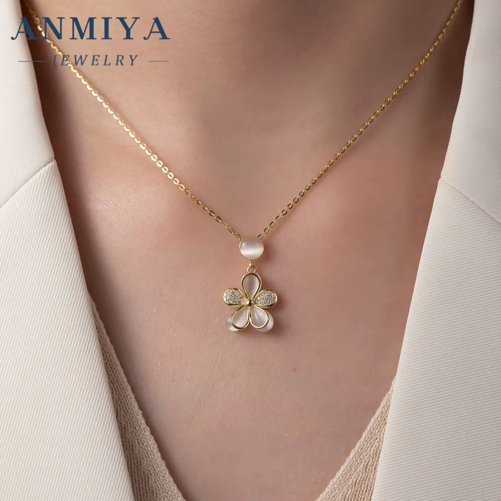 ANMIYA 925 Silver Necklace Women'S Fashion Zircon Flower Charm Pendant Necklace Earrings Set