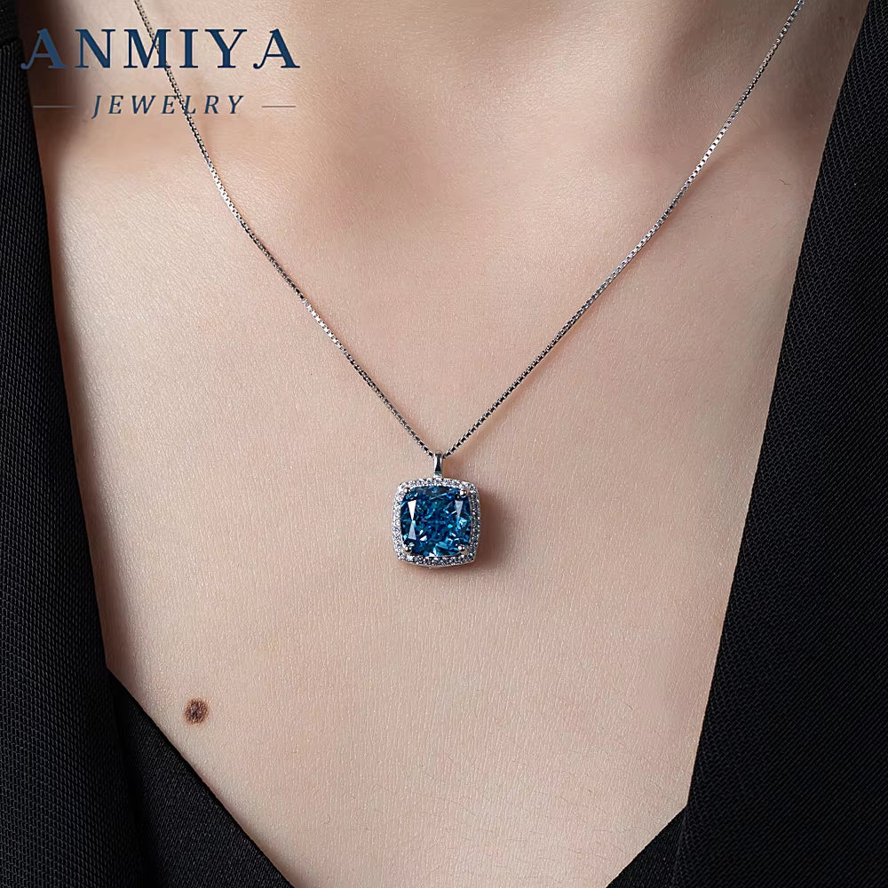 ANMIYA Fashion Dainty Sterling Silver Vintage Cushion Ice Cut Square Green CZ 925 Silver Jewelry Necklace for Girls