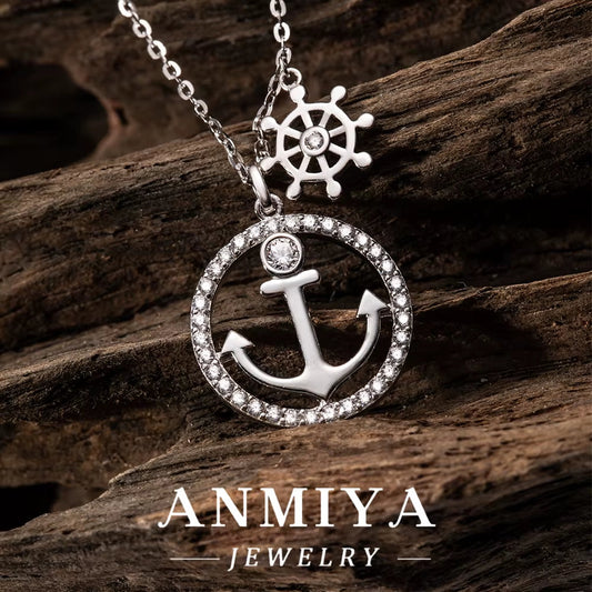 925 Sterling Silver 18K Gold Plated Anchor and Ship Wheel Pendant with Cubic Zirconia Nautical-Inspired Jewelry Necklace