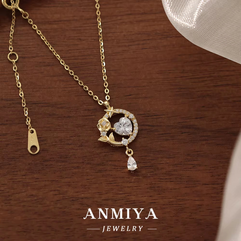 Best Selling 18K Zircon 925 Silver Pendant Necklace with Rose Flower Big Heart Unisex Heart Locket Necklace Valentine'S Day Gift