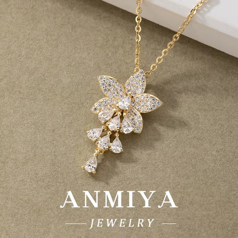 ANMIYA 18K Gold Plated 925 Sterling Silver Flower Pendant 5A Zircon Inoxidable Necklace