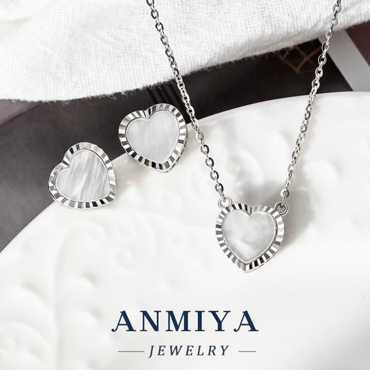 Premium Heart-Shaped White Shell Inlay Silver 925 Set Necklace and Earring Sets Gift Ready Packaging for Gifts