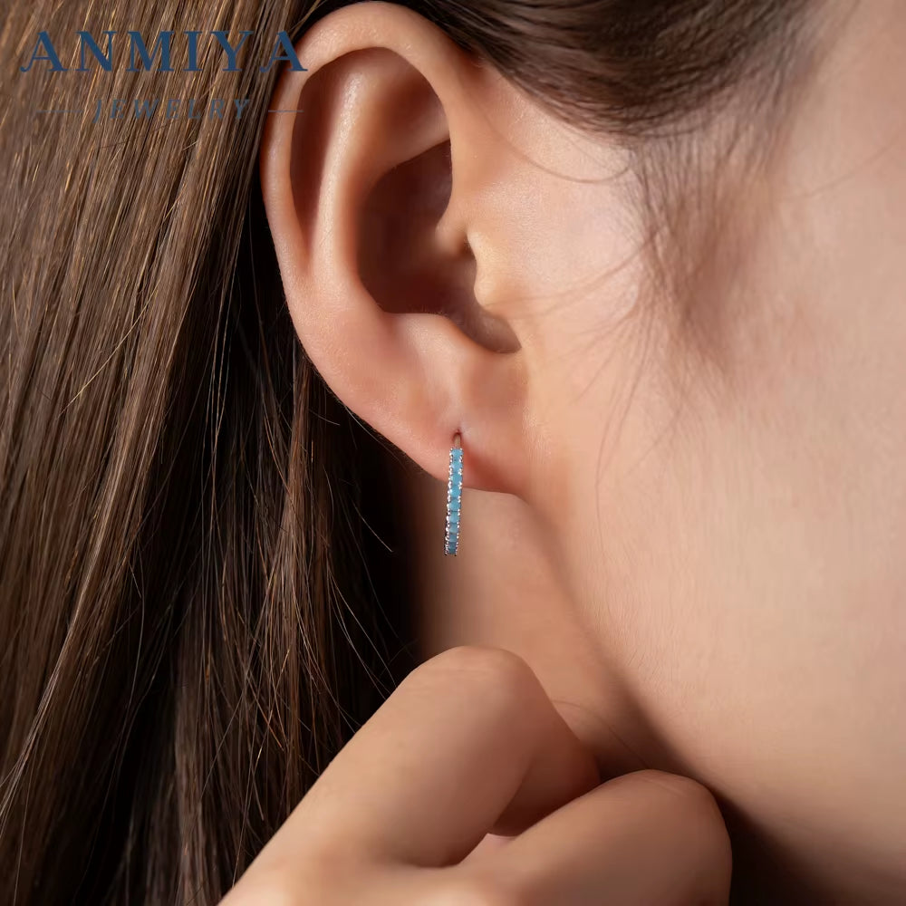 ANMIYA 925 Sterling Silver Hoop Earing 5A Zircon Blue Earrings Jewelry Earrings for Women