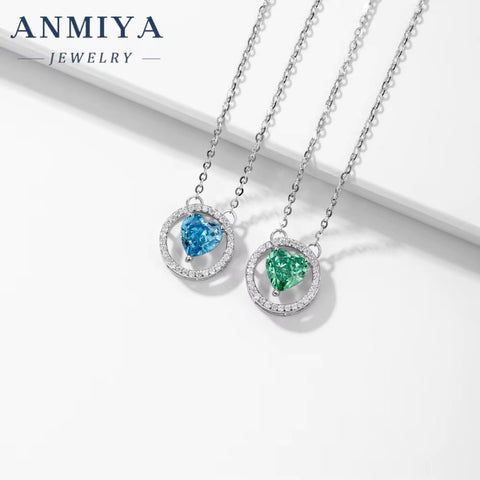 ANIMIYA Ice Heart Cut Shape round Zircon Green Blue Diamond 925 Sterling Silver Fashion Jewelry Pendent Necklaces