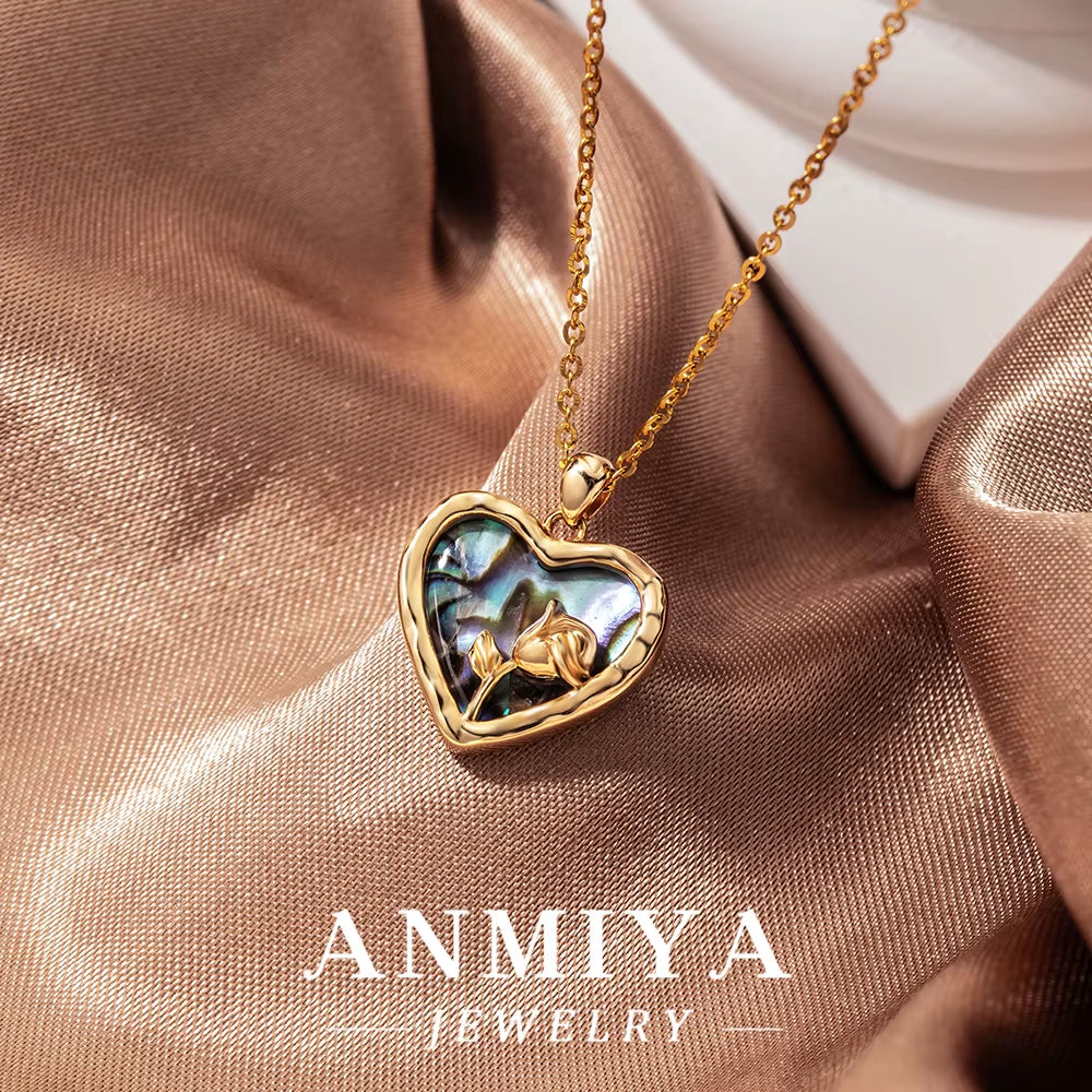 ANMIYA Purple Natural Shell Heart Necklace Rose 18K Gold 925 Silver Fashion Necklace for Lover