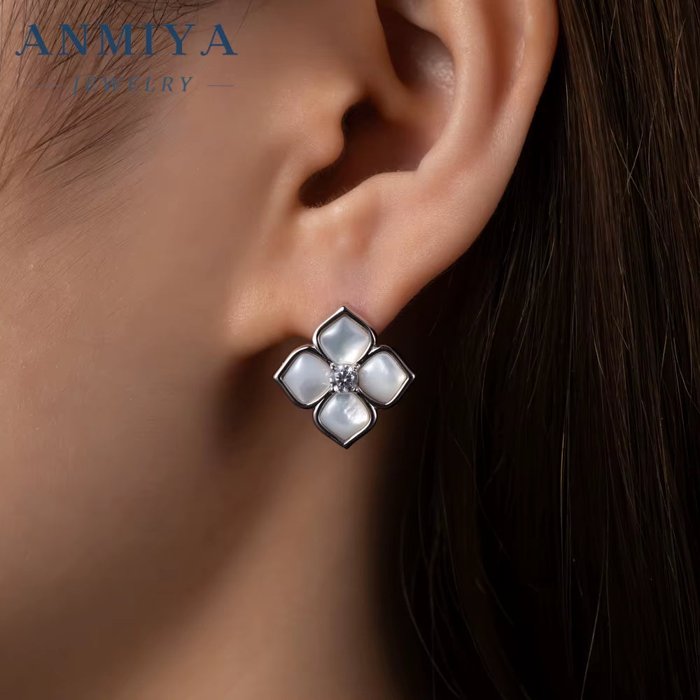 ANMIYA Petal Four Leaf Clover Chalcedony Zircon S925 Silver Minimalist Earrings Necklace Set Jewelry