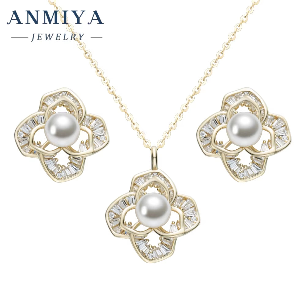 Topsale Fine Pearl 18K Gold Plated Flower Necklace and Earring Jewelry High Quality 925 Sterling Silver Gift Set