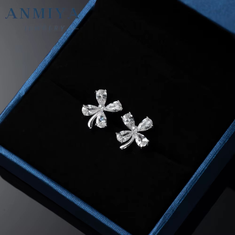 ANMIYA Four Clover Flower Fine Jewelry Fashion 925 Sterling Silver Zircon Stud Earrings for Women Girl