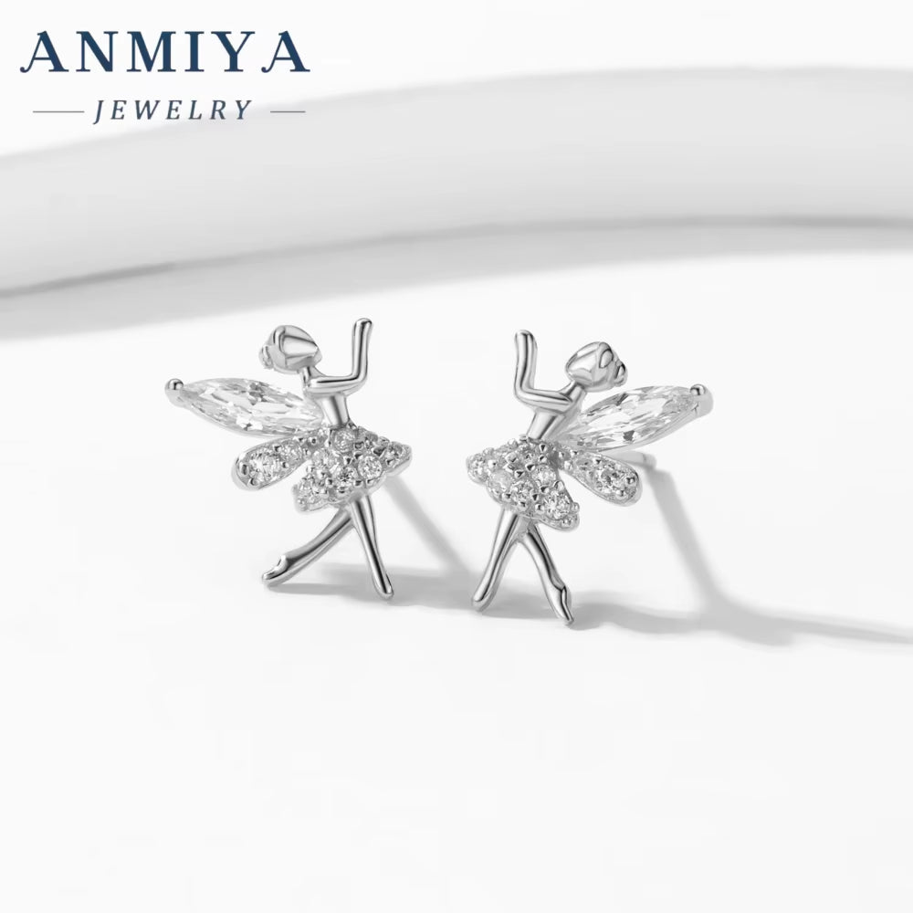 ANMIYA Manufacturer Latest Design Elf Fairy Shape Zircon Hypoallergenic S925 Silver Stud Earrings for Girl