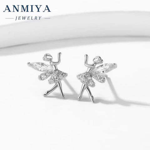 ANMIYA Manufacturer Latest Design Elf Fairy Shape Zircon Hypoallergenic S925 Silver Stud Earrings for Girl