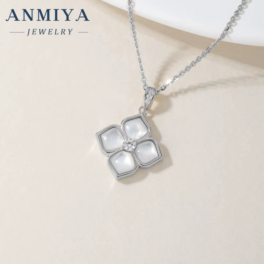 ANMIYA Petal Four Leaf Clover Chalcedony Zircon S925 Silver Minimalist Earrings Necklace Set Jewelry