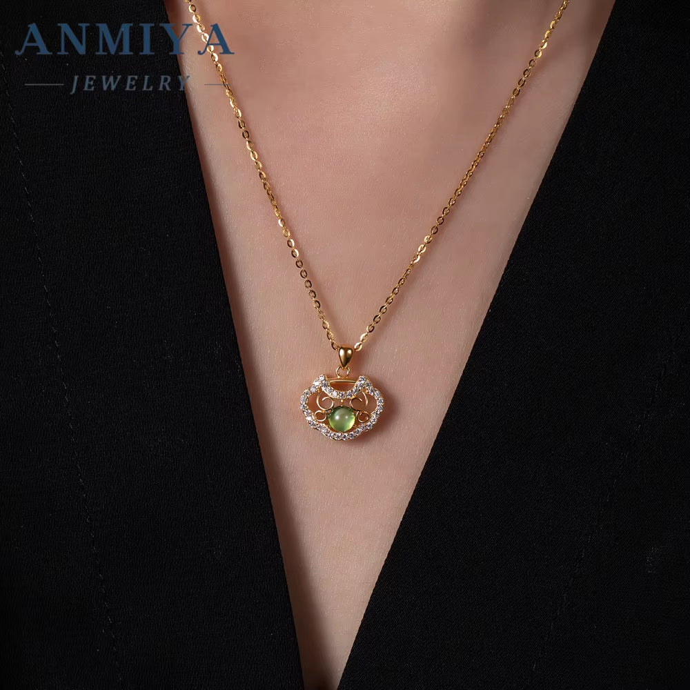 ANMIYA Niche S925 Sterling Silver Chrysoprase Lock Charm Pendant Necklace for Women Bestfriend Jewelry