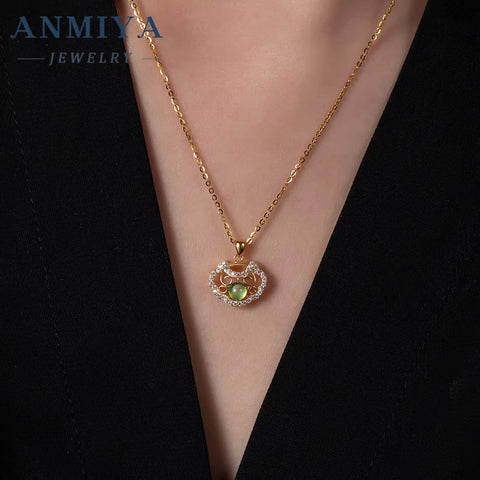 ANMIYA Niche S925 Sterling Silver Chrysoprase Lock Charm Pendant Necklace for Women Bestfriend Jewelry