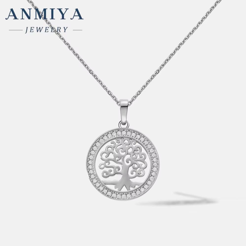 Rhinestones 925 Sterling Silver Necklace Gold Plated Diamond Inlaid Hollow Life Tree round Pendant Necklace for Women