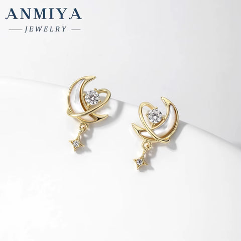 Fashion Jewelry Sets 18K Gold Plated 925 Silver Zircon Women Moon and Star Earrings Necklace Jewelry Set