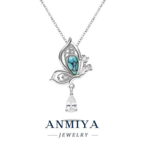 ANMIYA Women'S 925 Sterling Silver Butterfly Necklace Turquoise Stone and Zirconia with Cute Link Chain for Gift