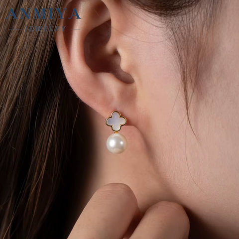 Fashion S925 Sterling Silver High-End Jewelry Women'S White Mother of Pearl Leaf Clover Earrings 18K Gold Plating Party Gift