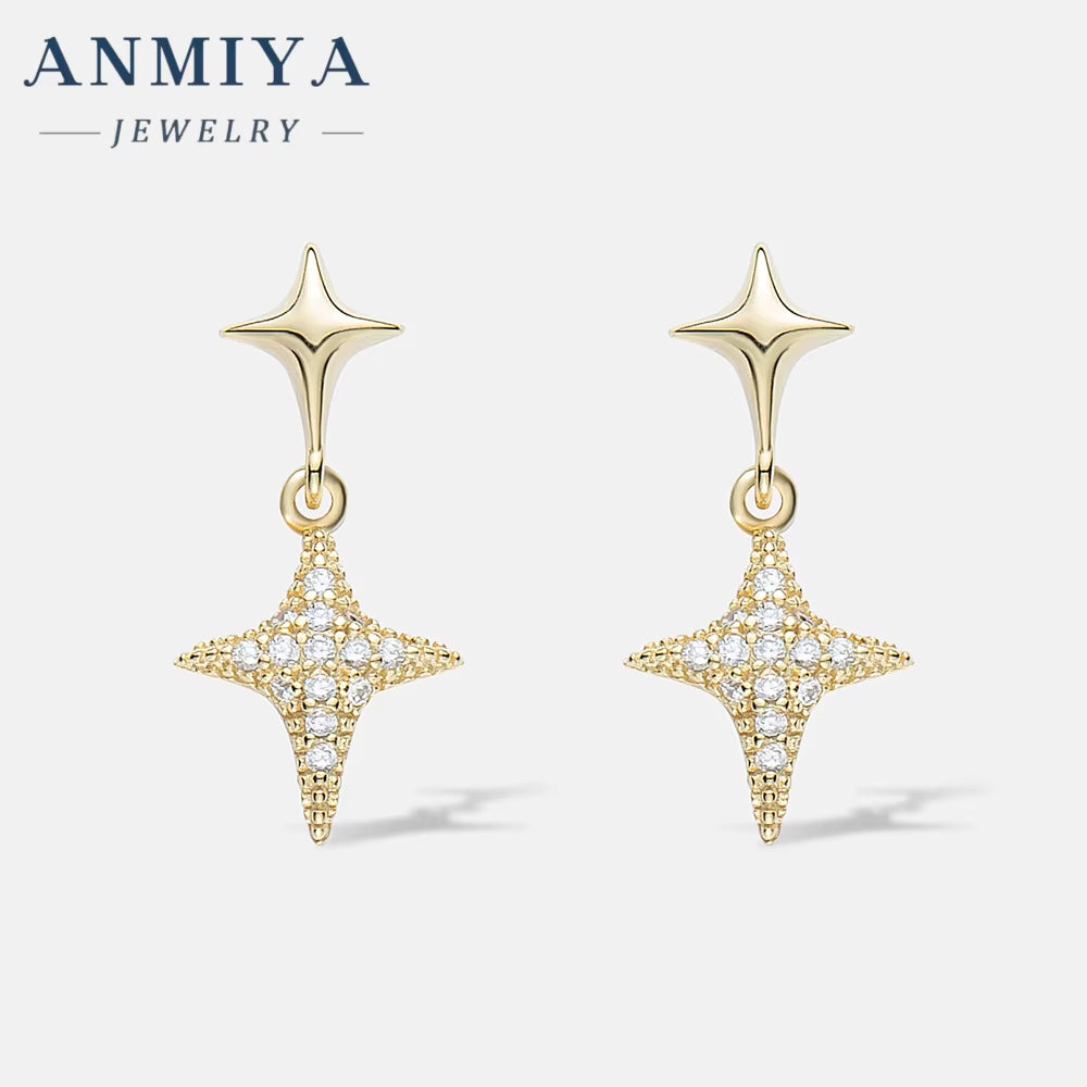 ANMIYA 925 Sterling Silver Fashion Minimalist Star Drop Inlaid 18K Gold Plated Zircon Women Stud Earrings