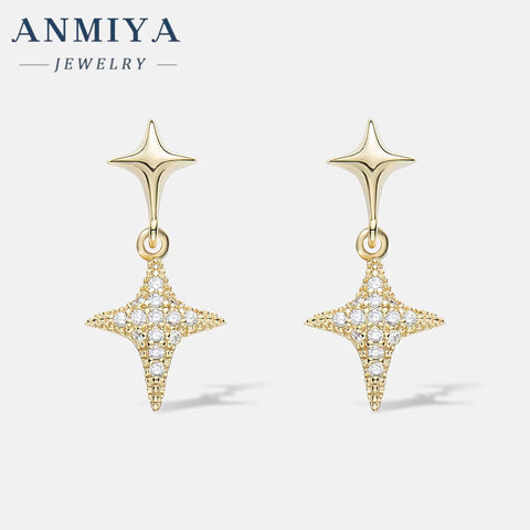 ANMIYA New Tide 925 Sterling Silver Hypoallergenic Minimalist Star Drop Inlaid 18K Gold Zircon Women'S Stud Earrings