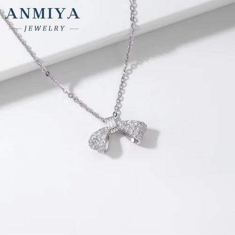 ANMIAY Simple and Fashionable S925 Silver Necklace with Zirconia Sweet and Lovely Girl'S Bow Necklace