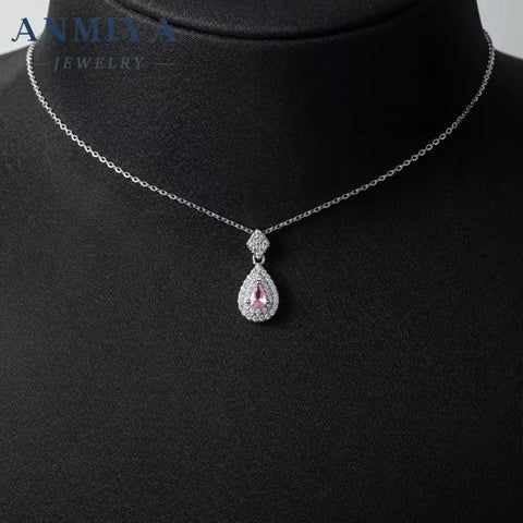 2024 Fine Women Jewelry Accessories Ice Crushed Pink Cubic Zirconia 925 Silver Pear Cut Pendant Necklace Jewellery