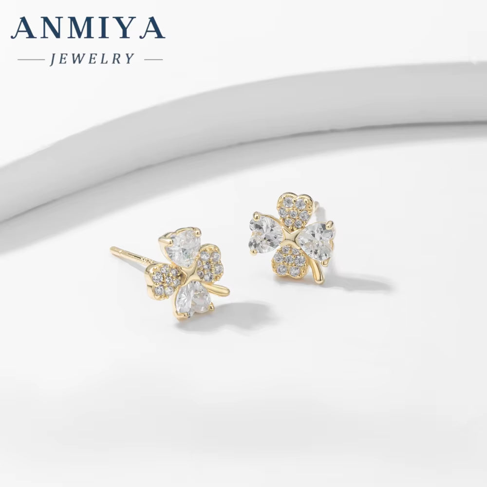 Luxury 925 Sterling Silver Diamond Zircon Flower Stud Earrings 18K Gold Plated Four Leaf Clover Earrings for Women