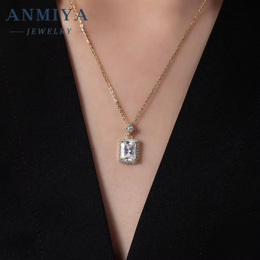 Fashion Jewelry Women 925 Sterling Silver Gold Plated Cubic Zircon Necklace Square Necklace for Women
