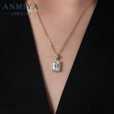 Fashion Jewelry Women 925 Sterling Silver Gold Plated Cubic Zircon Necklace Square Necklace for Women