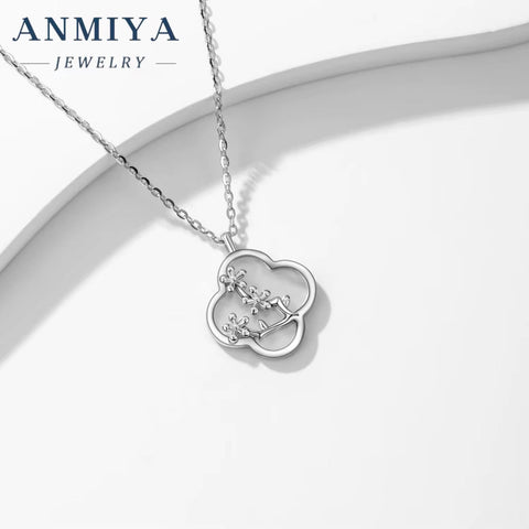 925 Sterling Silver Plum Blossom Necklace Four Leaf Clover Zircon Necklace for Women Men