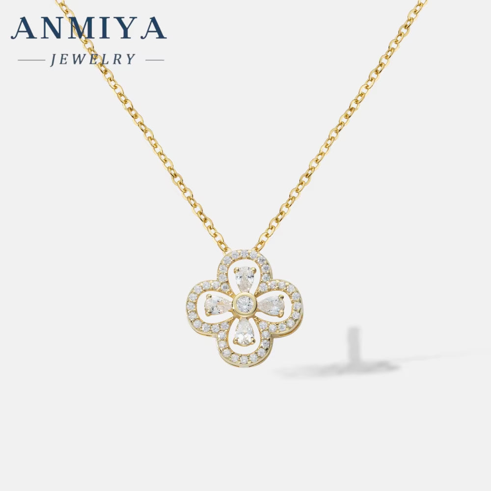 ANMIYA 18K Gold Plating Women'S Necklace Double-Sided Four Leaf Clover Pendant of 925 Sterling Silver