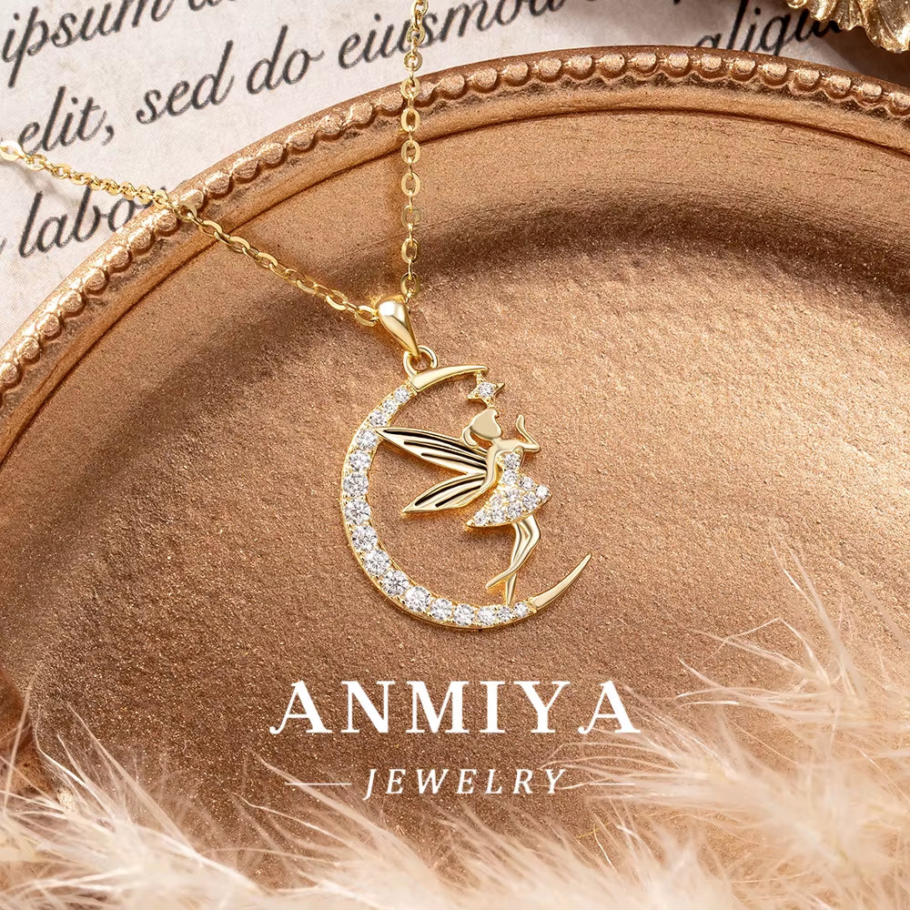 925 Sterling Silver Unisex Friendship Pendant Trendy Fashion Jewelry Necklace Zircon Iced Elfin Fairy Moon Angel Necklace