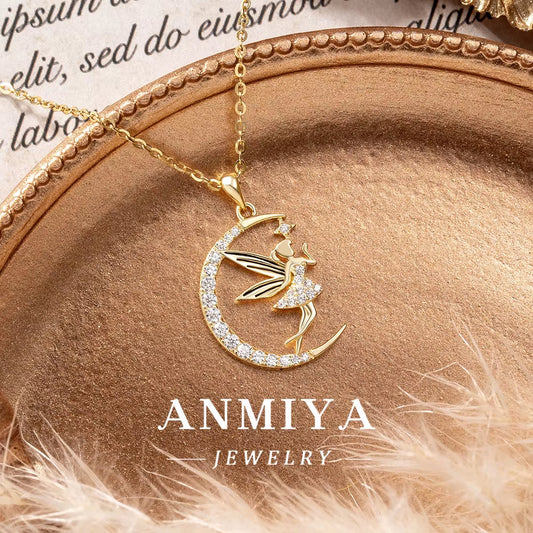 925 Sterling Silver Unisex Friendship Pendant Trendy Fashion Jewelry Necklace Zircon Iced Elfin Fairy Moon Angel Necklace