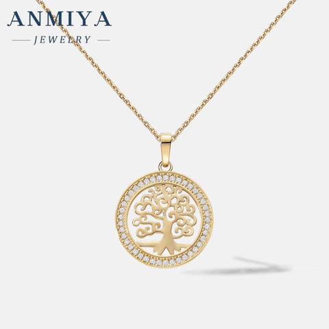 Rhinestones 925 Sterling Silver Necklace Gold Plated Diamond Inlaid Hollow Life Tree round Pendant Necklace for Women