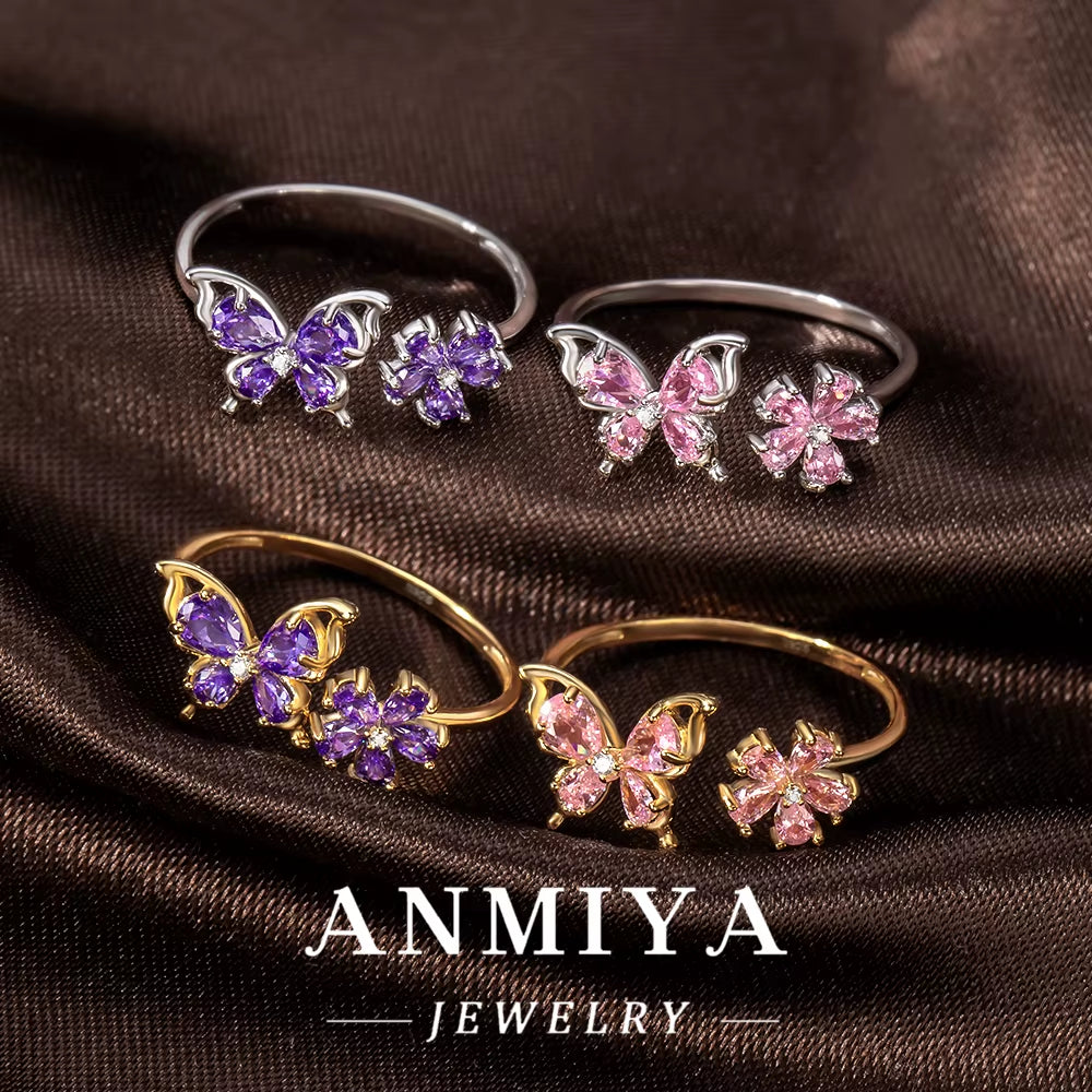 925 Sterling Silver Wholesale Butterfly Ring with Pink Purple Zircon, Bulk Flower Jewelry for Holiday Wedding, Anniversary Gifts