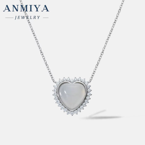 ANMIYA Fashion Chic CZ Zircon Green and White Chalcedony Heart Pendant S925 Silver Chain Necklace for Women