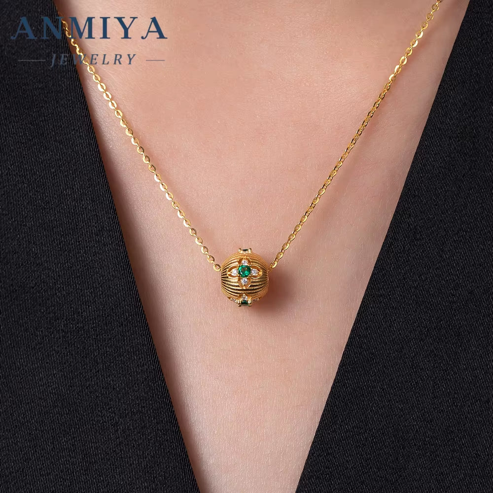 ANMIYA Minimalist 18K Gold Plated Flower Inlay Emerald and Zircon Necklace with Certificate
