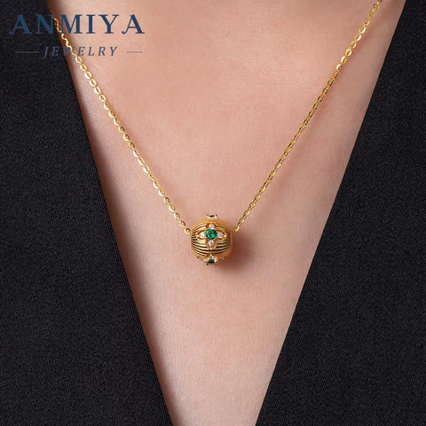 ANMIYA Minimalist 18K Gold Plated Flower Inlay Emerald and Zircon Necklace with Certificate