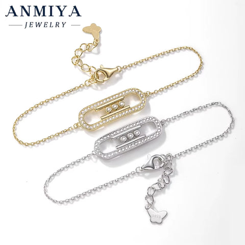 ANMIYA 925 Sterling Silver Bracelet Elegant Sliding Oval Design Sparkling Zircon Stones Perfect Necklace for Women