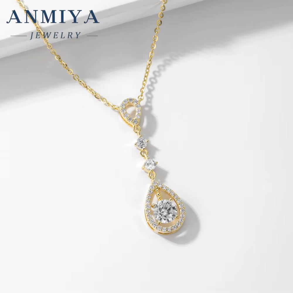 ANMIYA Original 925 Sterling Silver Long Tassel Pear Shape CZ Chain Necklace for Women Wedding Party Jewelry