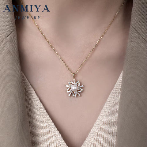 Customizable Silver 925 Jewelry Snowflake Shape Centered Pearl Inlay Necklace & Earrings Engraving Service for Gifts