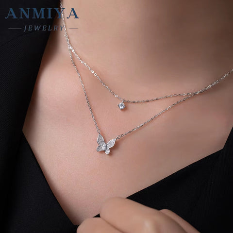 ANMIYA Women'S Double-Layer Diamond Butterfly Necklace with Collarbone Chain Elegant and Minimalist Pendant
