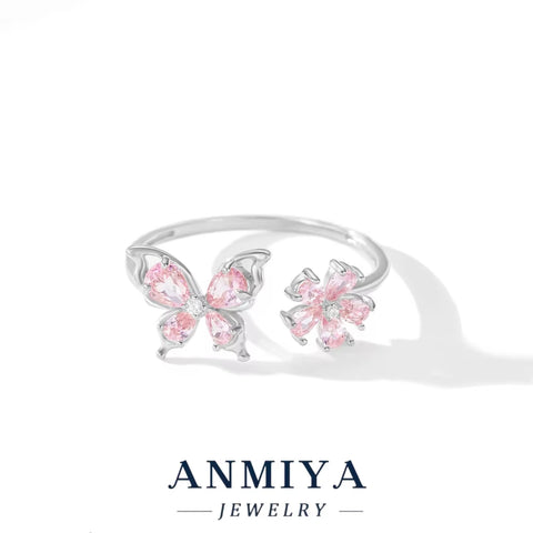 925 Sterling Silver Wholesale Butterfly Ring with Pink Purple Zircon, Bulk Flower Jewelry for Holiday Wedding, Anniversary Gifts