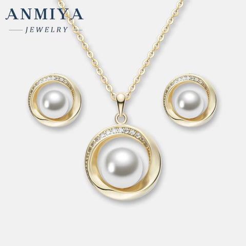 Fashion Women Wedding Pearl Pendant Earrings Necklace Sets Simple 18K Gold Plated Bridal Pearl Jewelry Sets